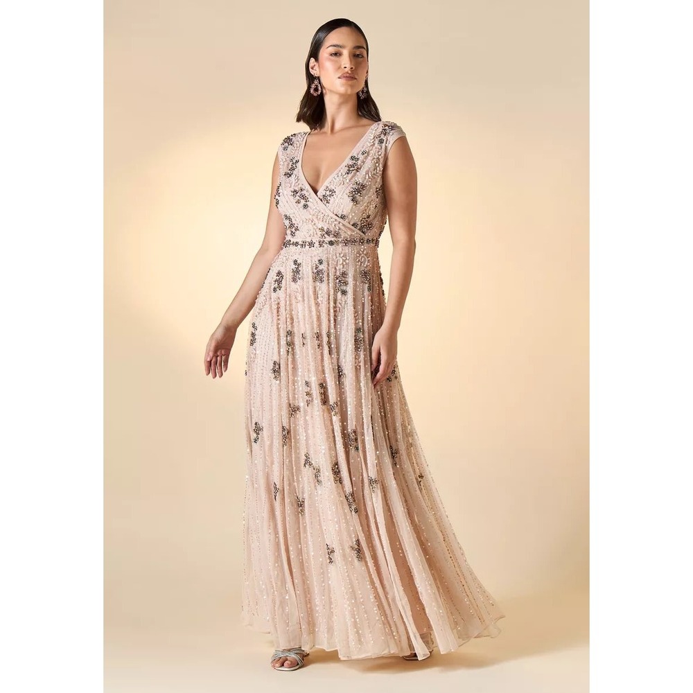 Mac Duggal NEW Blush Pink Embellished Wrap Over Cap Sleeve A-Line Gown - Size 16 - Picture 3 of 15